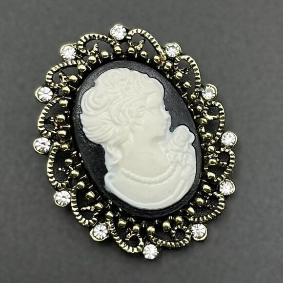 Yellow Gold and Black with Diamond Crystal Victorian Lady Cameo Pin Back Brooch - Picture 1 of 7